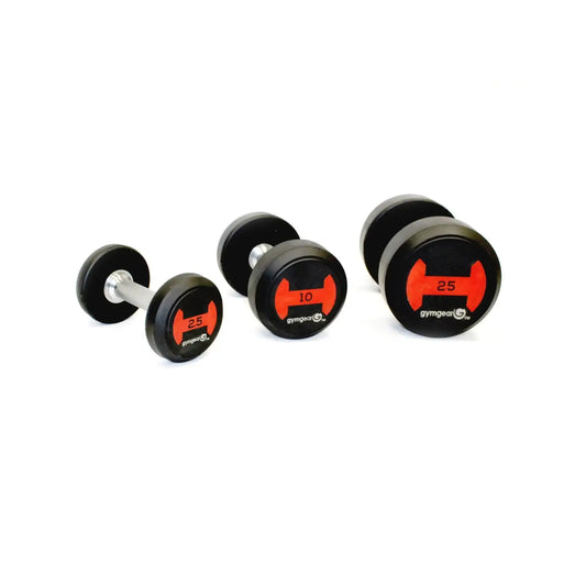 Set of three black rubber gym gear dumbbells with red weight markings and silver handles for strength training