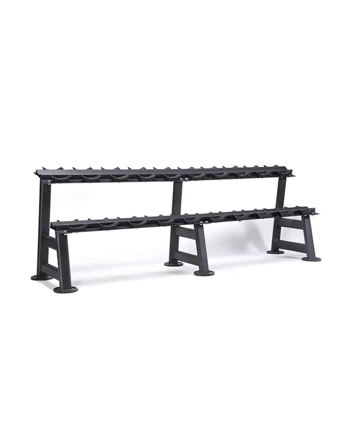 Black metal two tier dumbbell rack with evenly spaced slots for organizing up to 10 pairs of weights for home fitness
