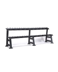 Black metal two tier dumbbell rack with evenly spaced slots for organizing up to 10 pairs of weights for home fitness