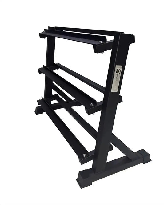 Black metal gym gear 3 tier hex dumbbell rack with sturdy angled base for home fitness storage