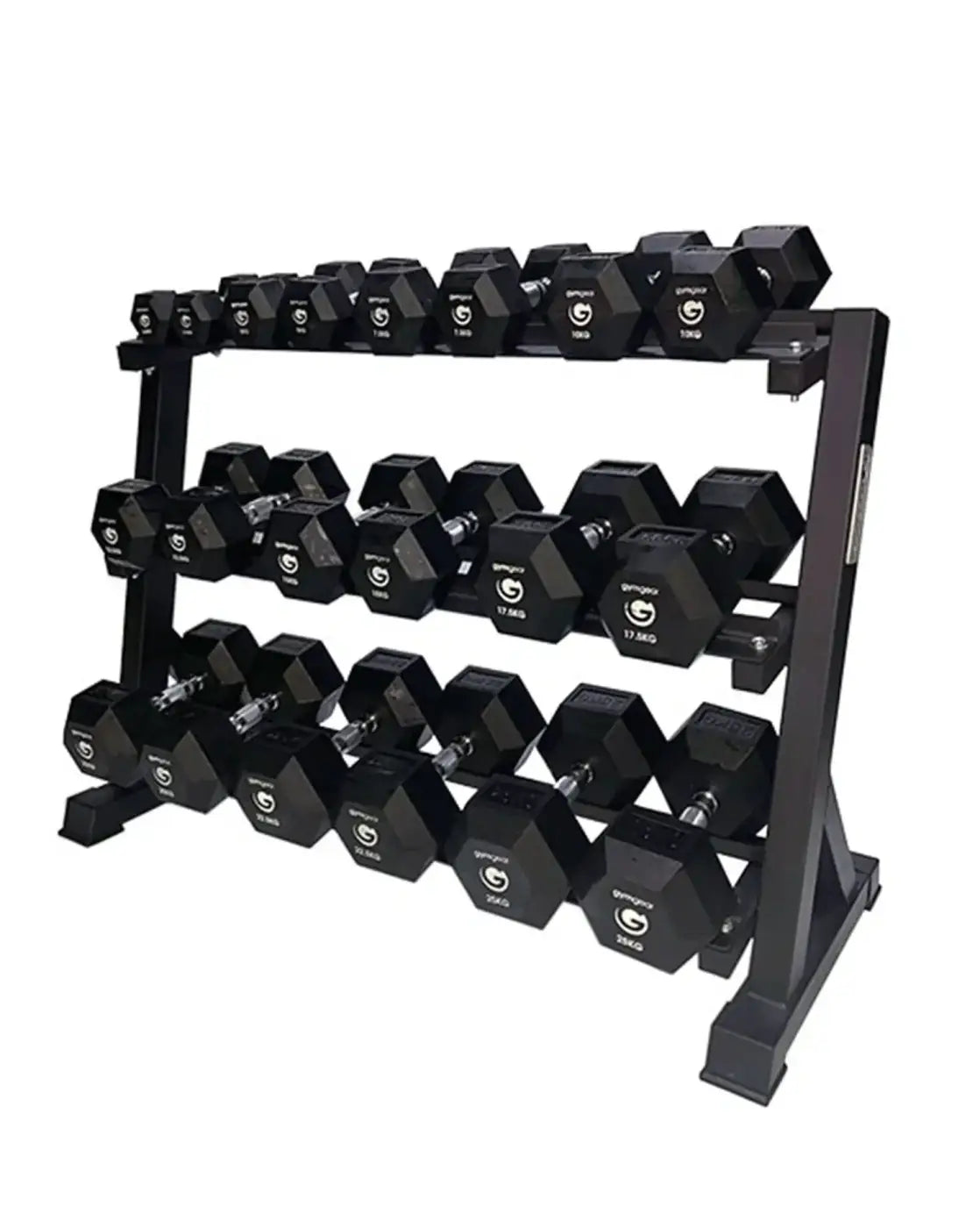 Black hexagonal dumbbells neatly arranged on a matching black metal rack in gym gear 3 tier hex dumbbell rack for home fitness