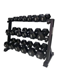 Black hexagonal dumbbells neatly arranged on a matching black metal rack in gym gear 3 tier hex dumbbell rack for home fitness