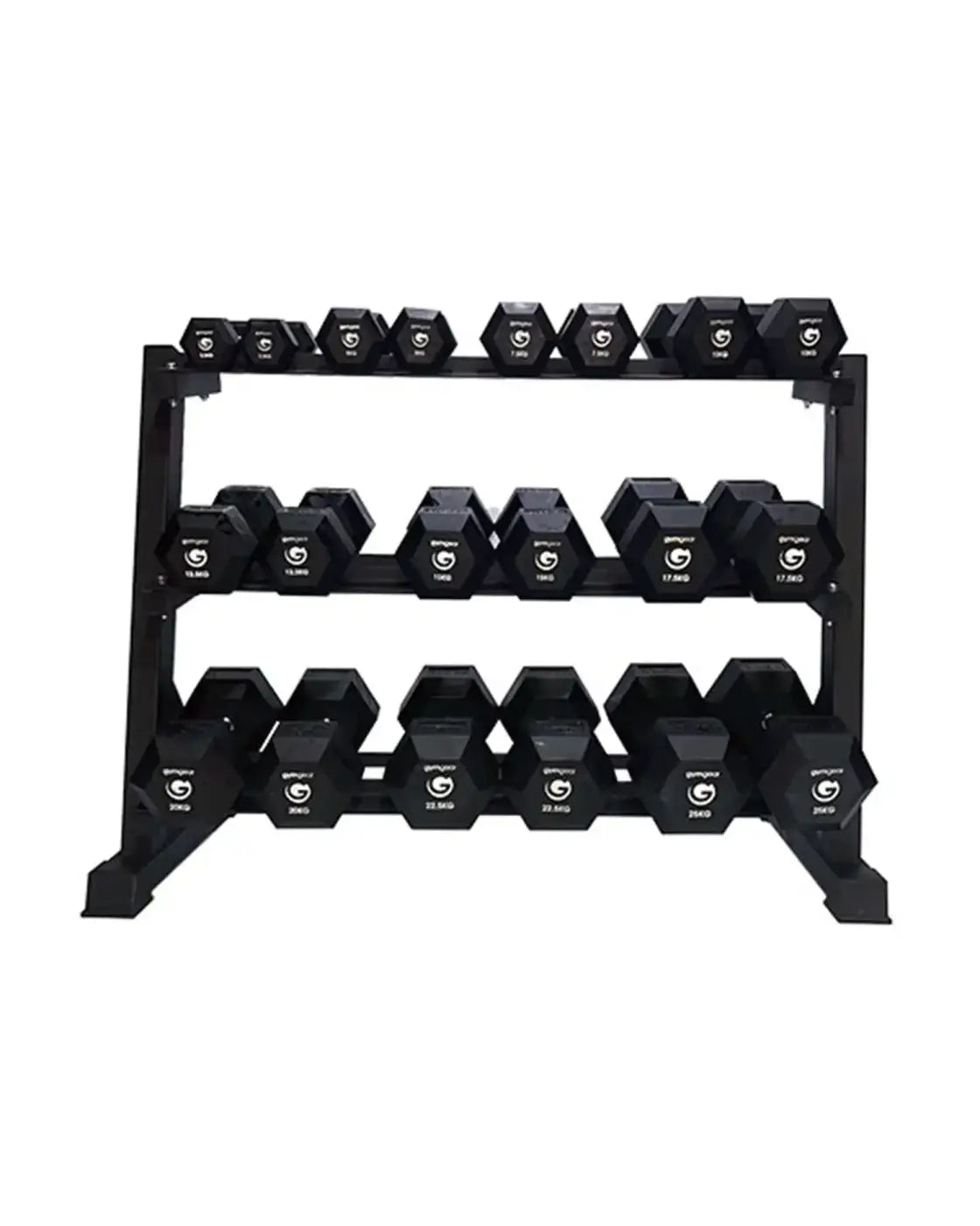 Black hexagonal dumbbells neatly arranged on a three-tiered black metal gym gear dumbbell rack for home fitness