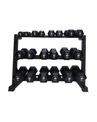 Black hexagonal dumbbells neatly arranged on a three-tiered black metal gym gear dumbbell rack for home fitness