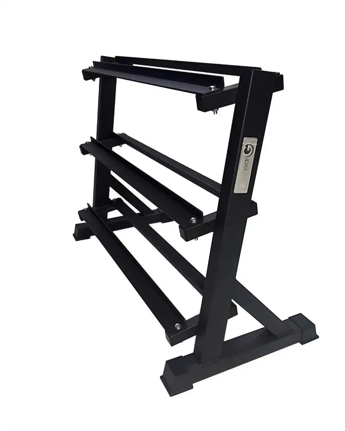 Black metal gym gear 3 tier hex dumbbell rack with sturdy angled base for home fitness storage