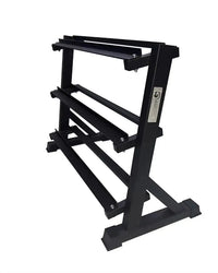 Black metal gym gear 3 tier hex dumbbell rack with sturdy angled base for home fitness storage