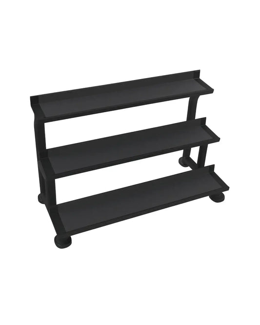 Black three-tier kettlebell rack with rounded feet for home fitness by gym gear