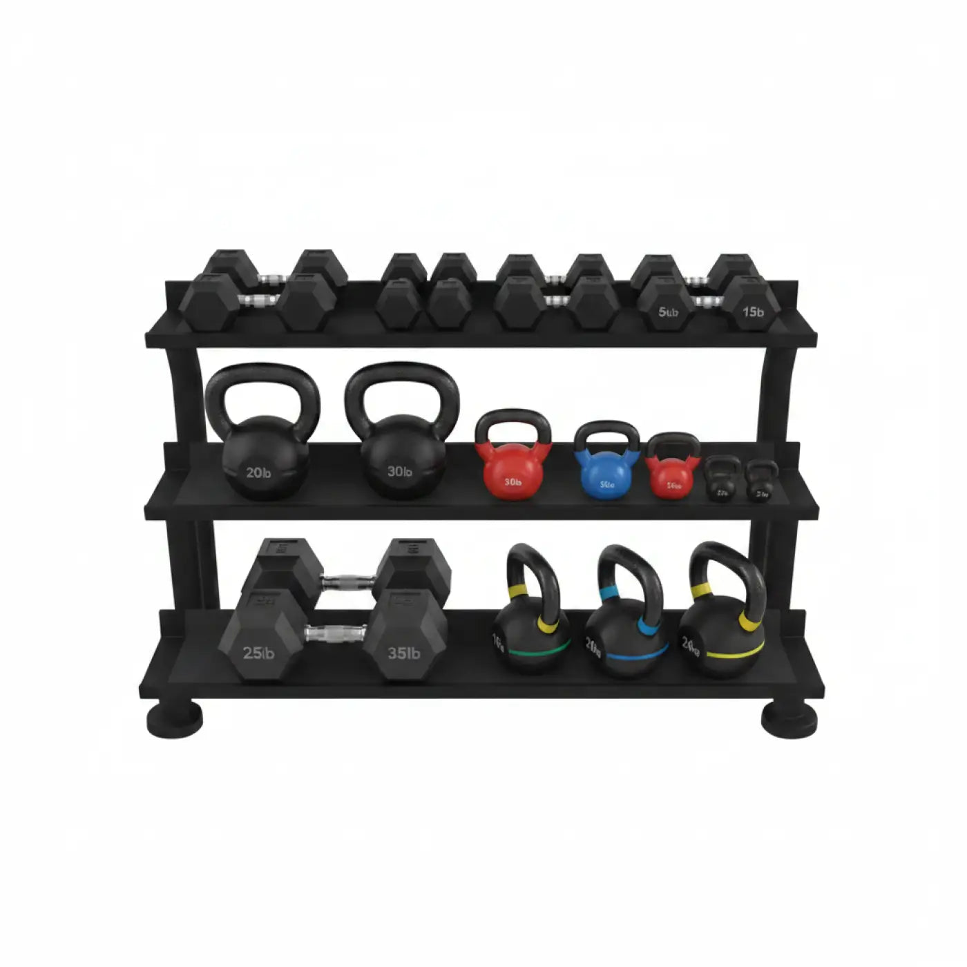 Black three-tiered metal kettlebell rack holding various dumbbells and kettlebells for home fitness use