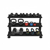 Black three-tiered metal kettlebell rack holding various dumbbells and kettlebells for home fitness use