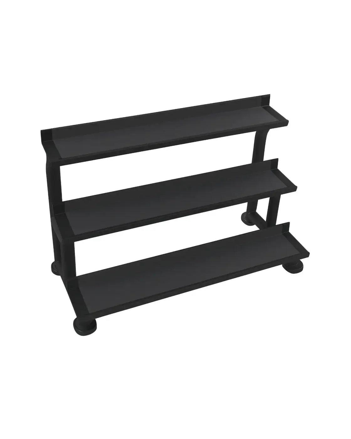 Black three-tier kettlebell rack with rounded feet for home fitness by gym gear