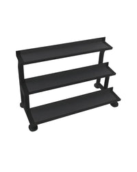 Black three-tier kettlebell rack with rounded feet for home fitness by gym gear