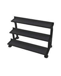 Black three-tier dumbbell rack with rounded feet designed for home fitness and gym gear organization