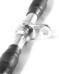 Black rubber-coated metal gym barbell with central joint and adjustable clamps for lat pulldown exercises UK delivery