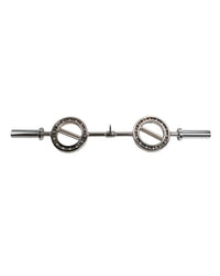 Silver metallic gym gear 360 multi grip olympic bar with circular bearing ends and central connecting rod for uk delivery