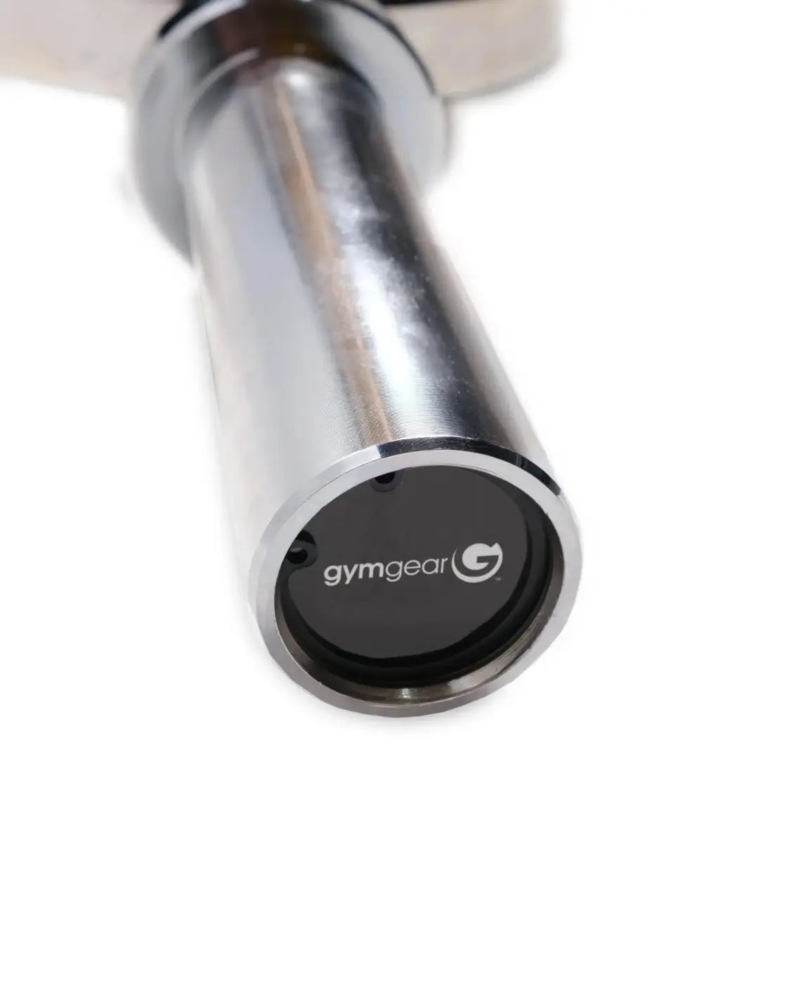 Silver metallic barbell sleeve with black end cap featuring gymgear logo for gym gear 360 multi grip olympic bar