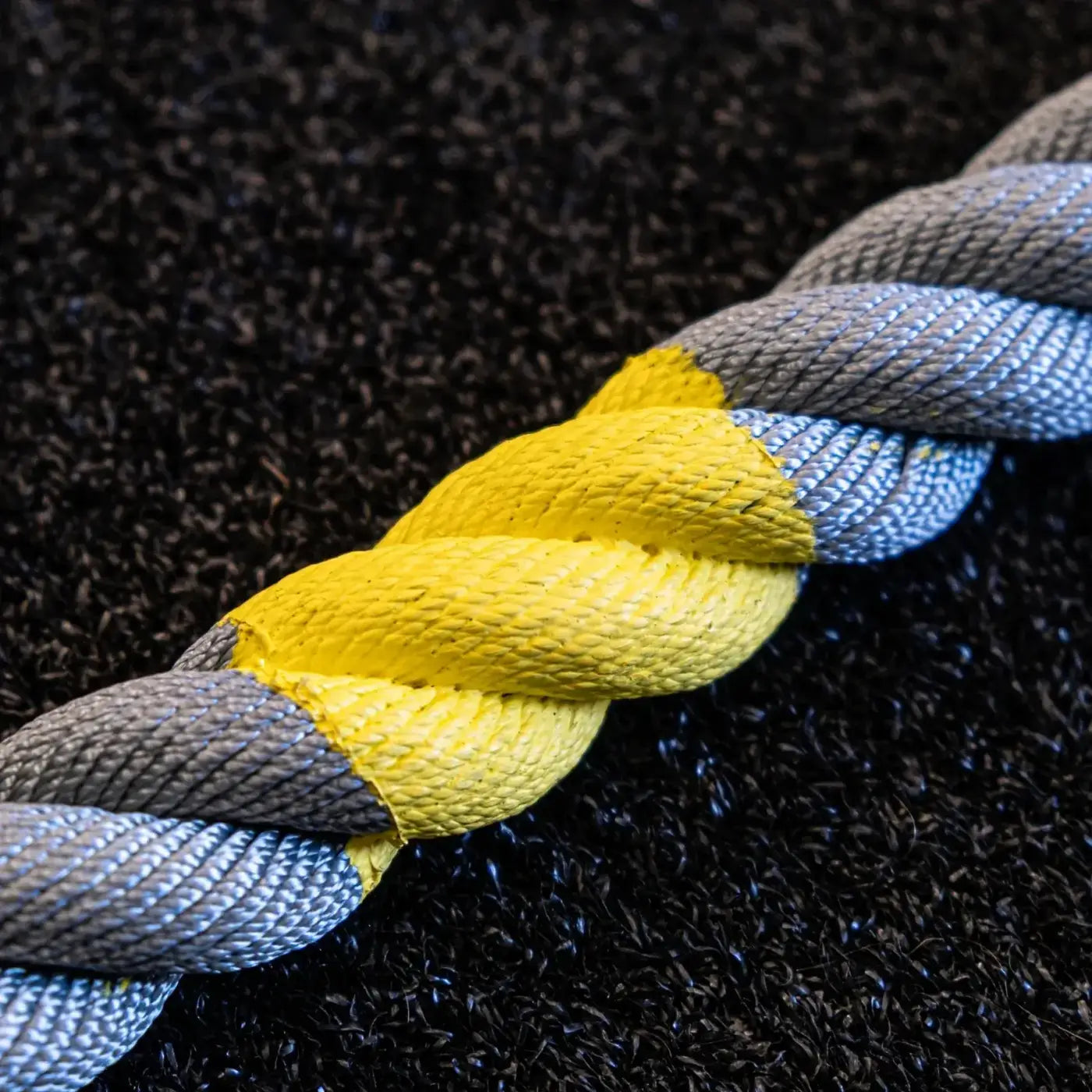 Gym Gear 38mm sled rope 15m long with thick braided design in gray and bright yellow featuring hook and karabiner