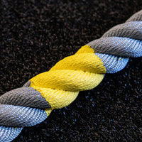 Gym Gear 38mm sled rope 15m long with thick braided design in gray and bright yellow featuring hook and karabiner
