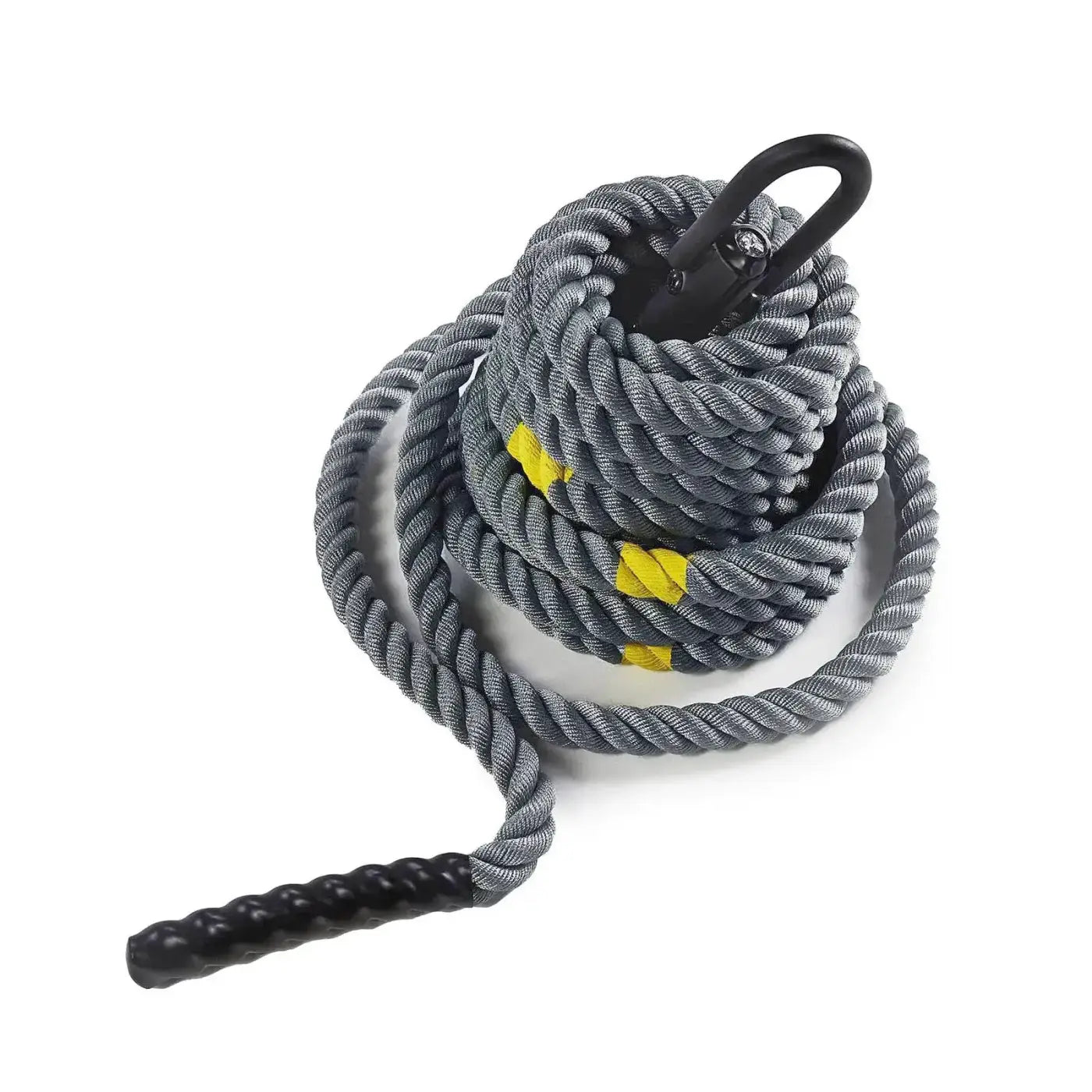 Gray braided gym gear 38mm sled rope with yellow stripes black reinforced handle and metal carabiner clip 15m length uk delivery