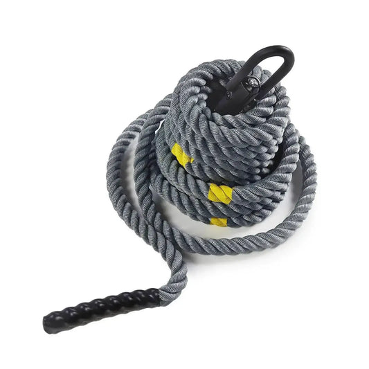 Gray braided gym gear 38mm sled rope with yellow stripes black reinforced handle and metal carabiner clip 15m length uk delivery