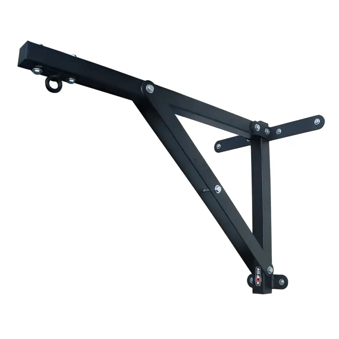 Black metal boxing bag mount with sturdy triangular frame and adjustable arm for home gym use shown from back side