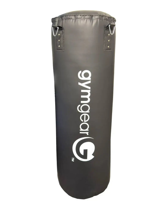 Black gym gear 40kg 4ft punching bag with white logo and reinforced stitching built for home use with chain and swivel