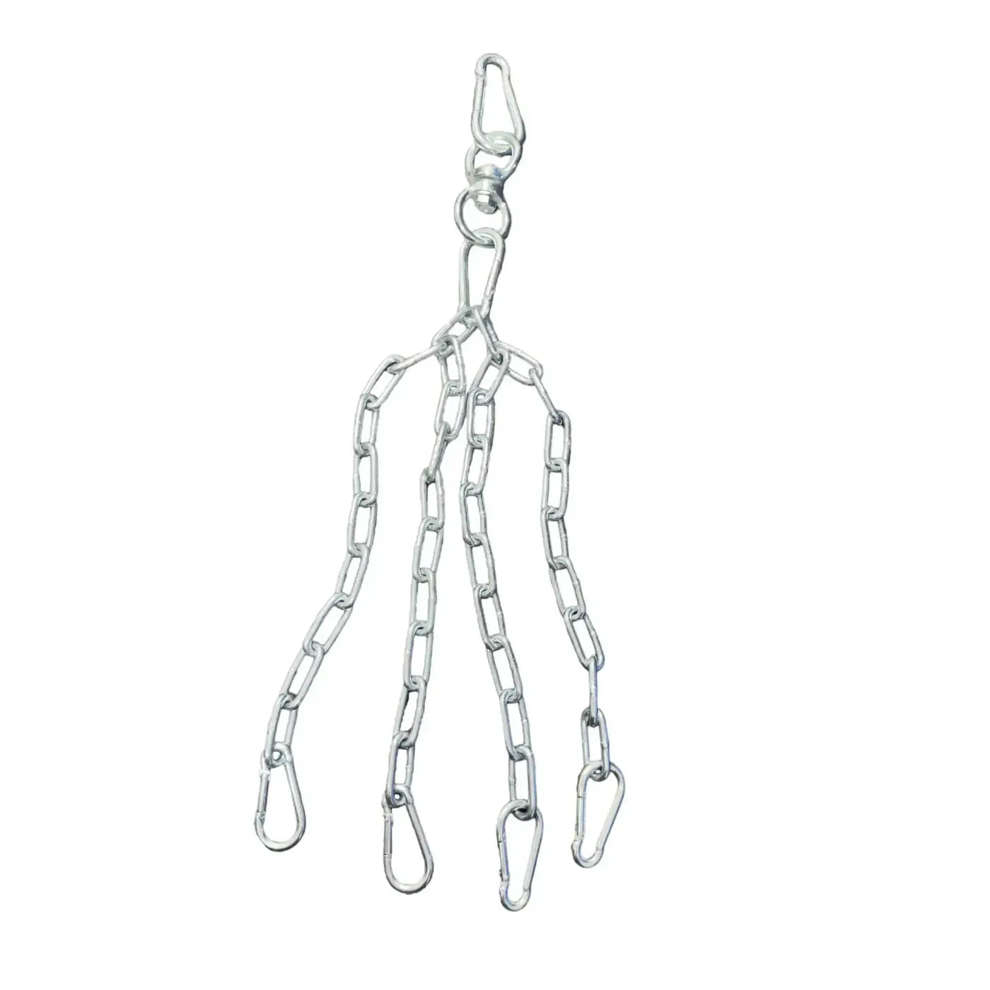 Silver metal gym gear punchbag chain with four carabiner hooks and swivel clip for home use weighing 40kg