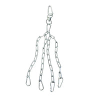 Silver metal gym gear punchbag chain with four carabiner hooks and swivel clip for home use weighing 40kg