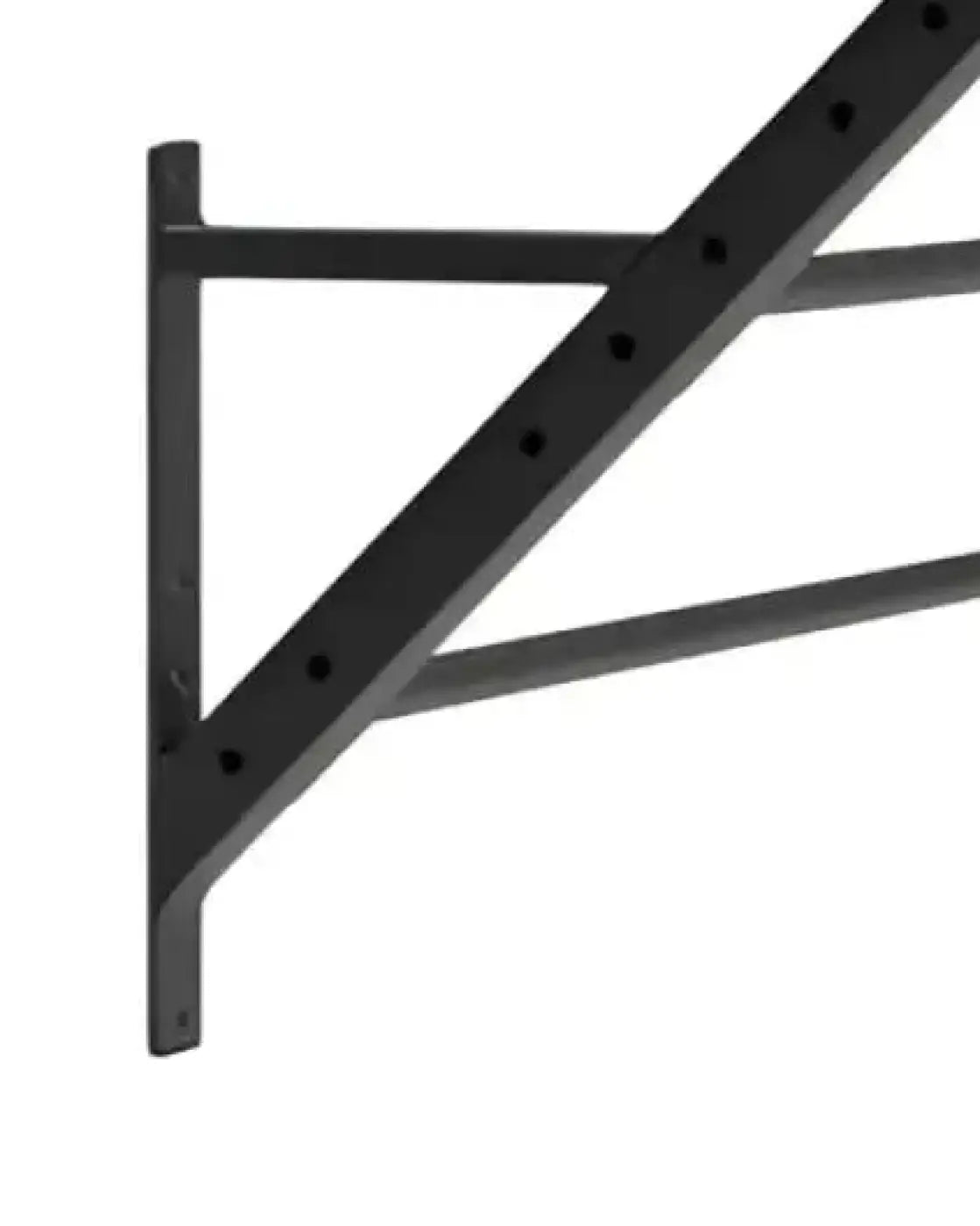 Black metal wall bracket with triangular design and evenly spaced holes for gym gear 45 degree wing ladder 108cm