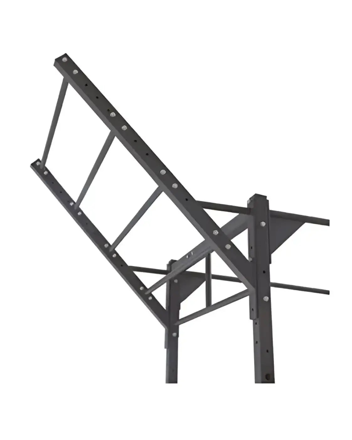 Black metal wall-mounted pull-up bar with angled support frame and multiple attachment points for home gym use