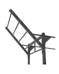 Black metal wall-mounted pull-up bar with angled support frame and multiple attachment points for home gym use