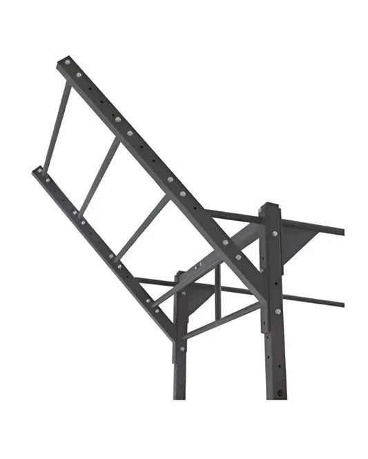 Black metal wall-mounted pull-up bar with angled support frame and multiple attachment points for home gym use