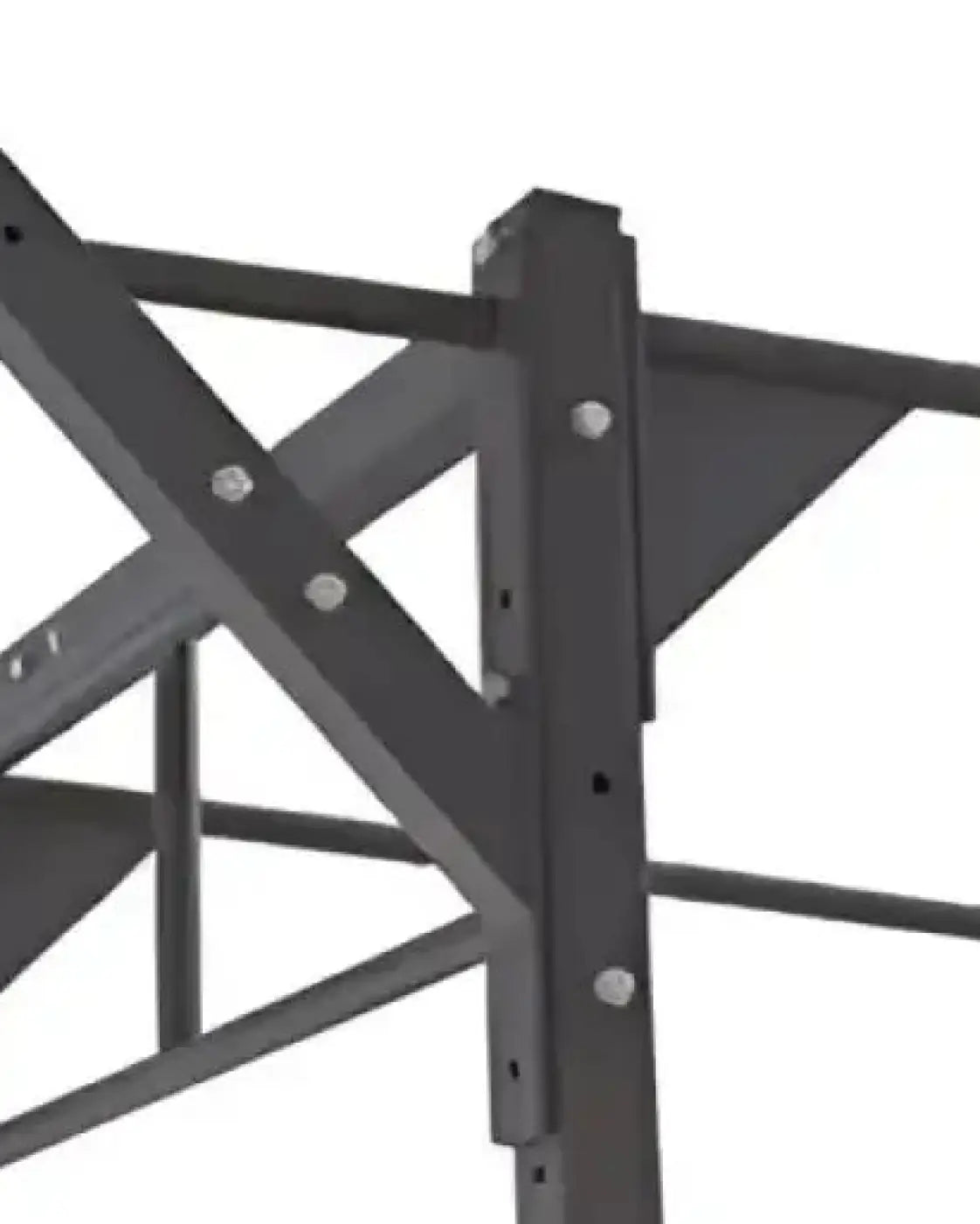Black metal gym gear 45 degree wing ladder shelving unit with diagonal support beams and silver bolts 168cm tall