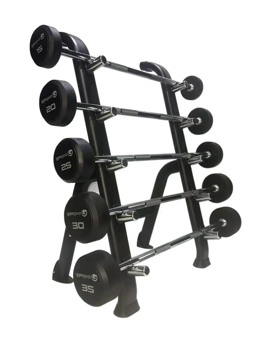 Black gymnast brand gym gear single sided storage rack holding five chrome barbells with black weighted plates