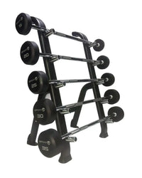 Black gymnast brand gym gear single sided storage rack holding five chrome barbells with black weighted plates