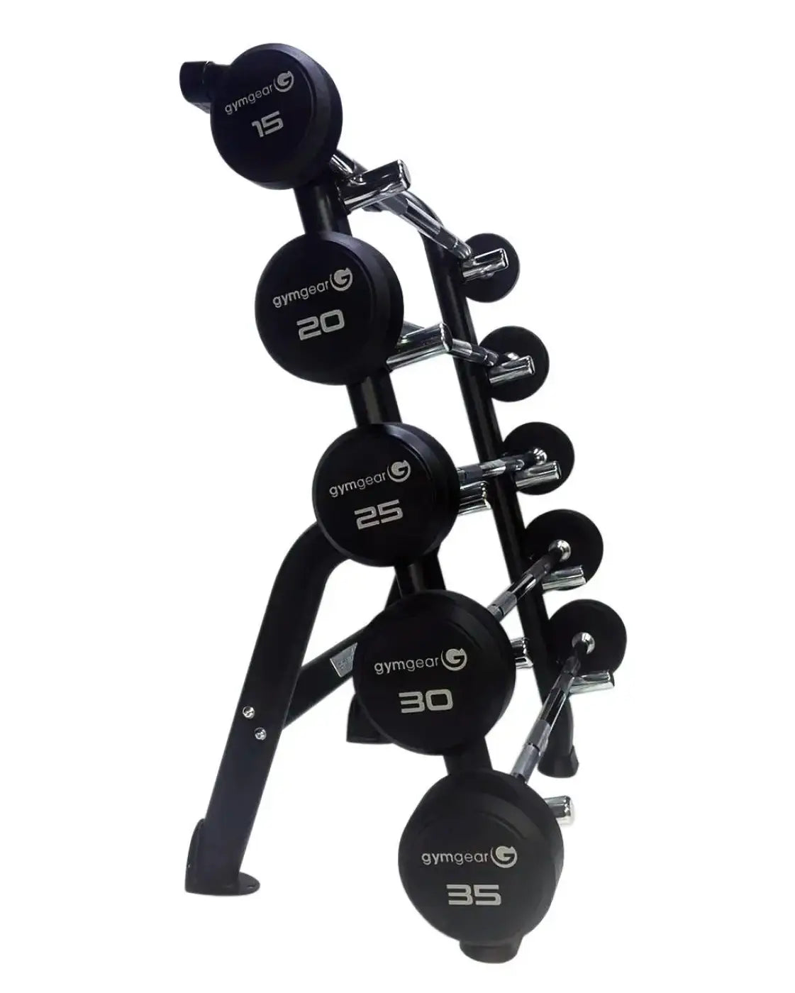 Black gym gear single sided dumbbell rack holding five chrome barbells with black rubber weight plates for home fitness