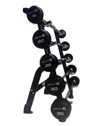 Black gym gear single sided dumbbell rack holding five chrome barbells with black rubber weight plates for home fitness