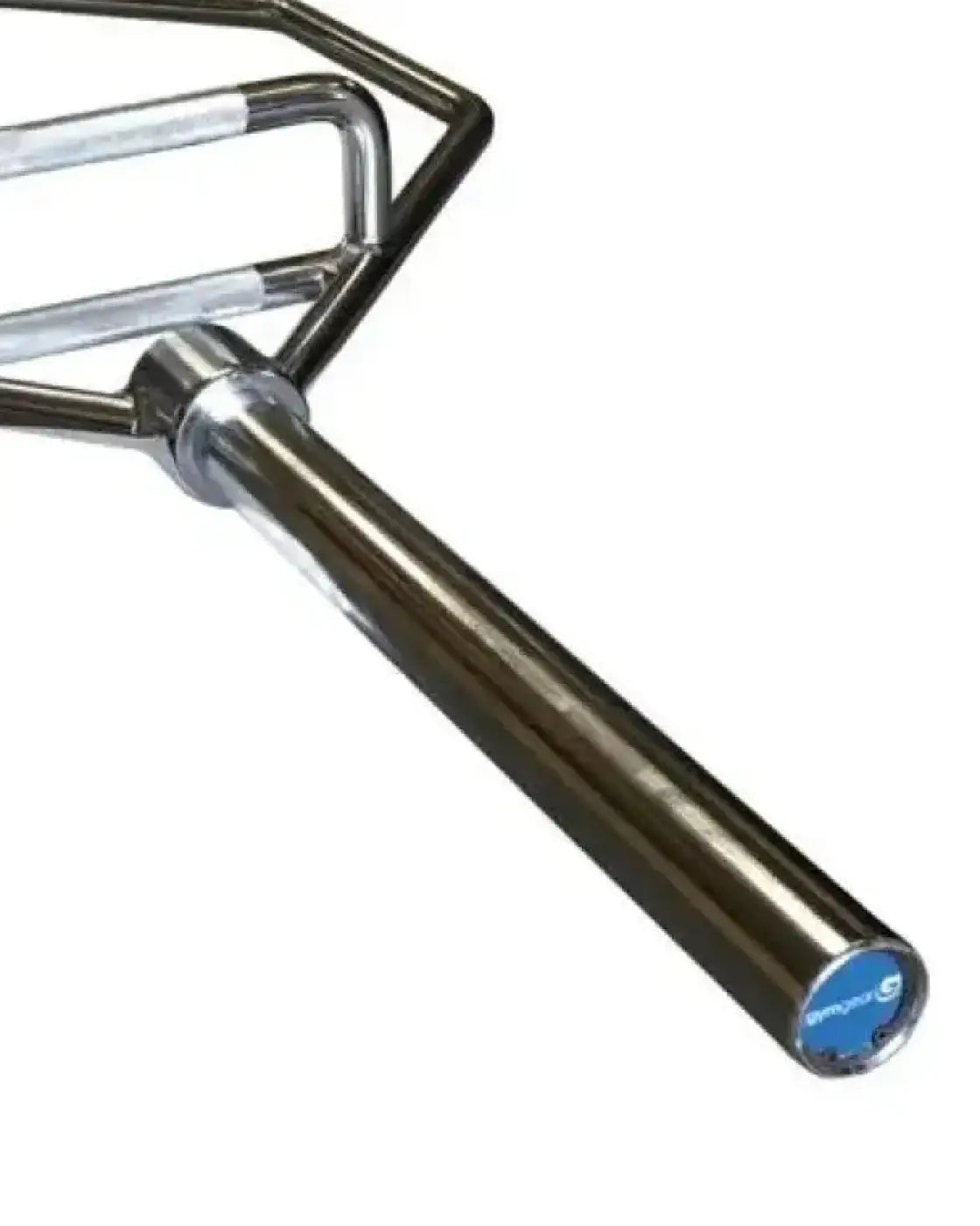Chrome-finished metal gym gear 6ft Olympic hex trap barbell with blue and white branded end cap for UK delivery