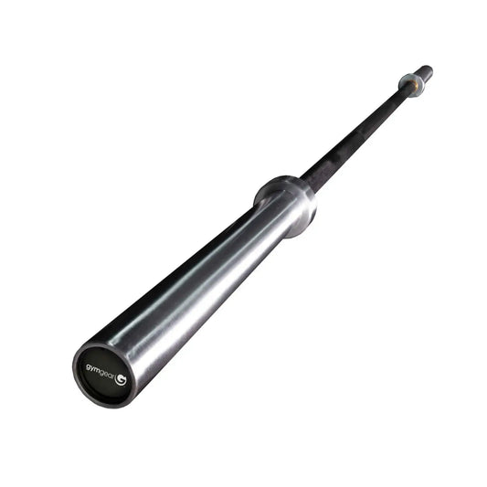 Silver gym gear 7ft premium Olympic barbell with polished metallic finish and black sleeves for compact design use