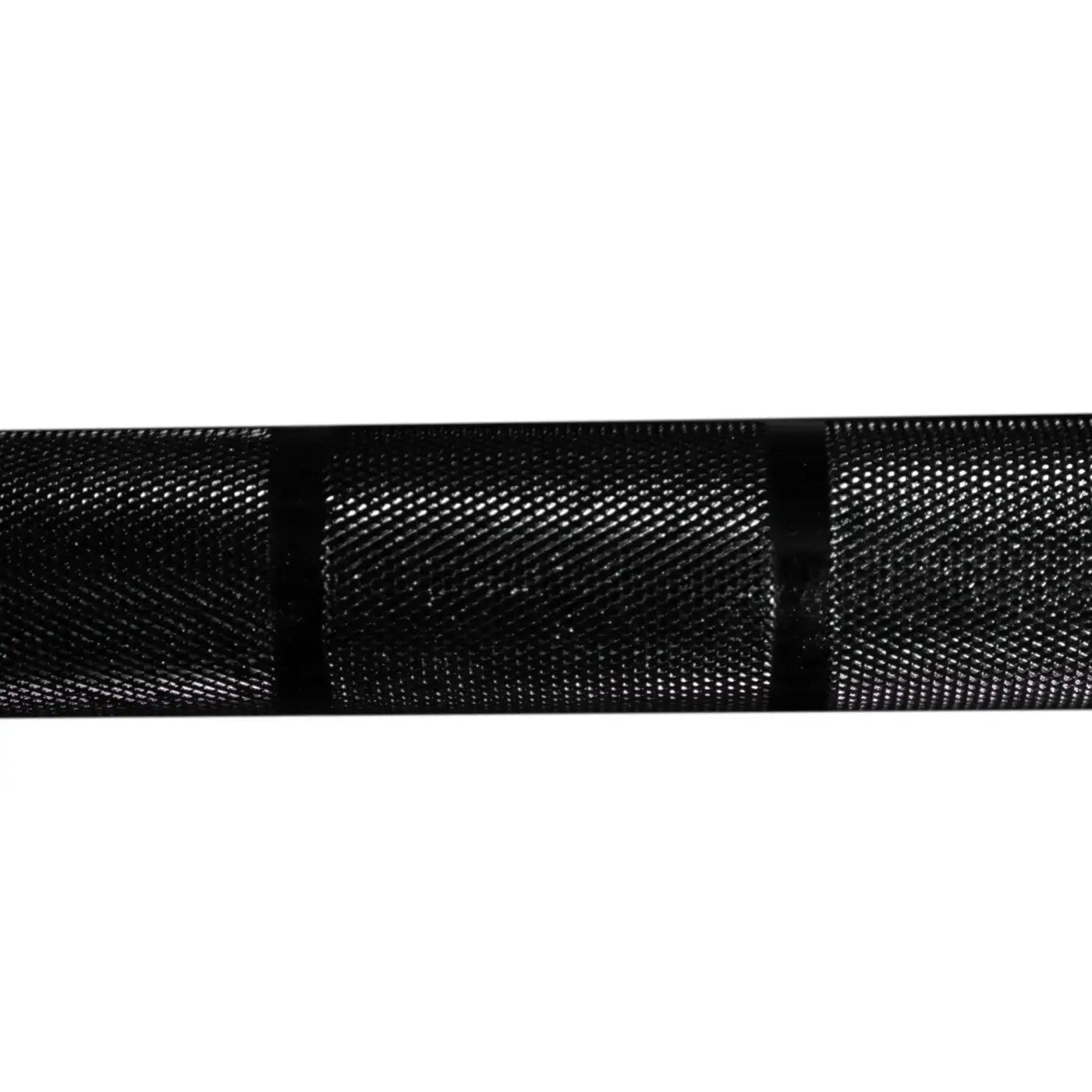Black textured grip with woven mesh pattern and diagonal lines on gym gear 7ft premium Olympic bar