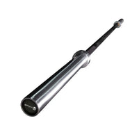 Silver gym gear 7ft premium Olympic barbell with polished metallic finish and black sleeves for compact design use