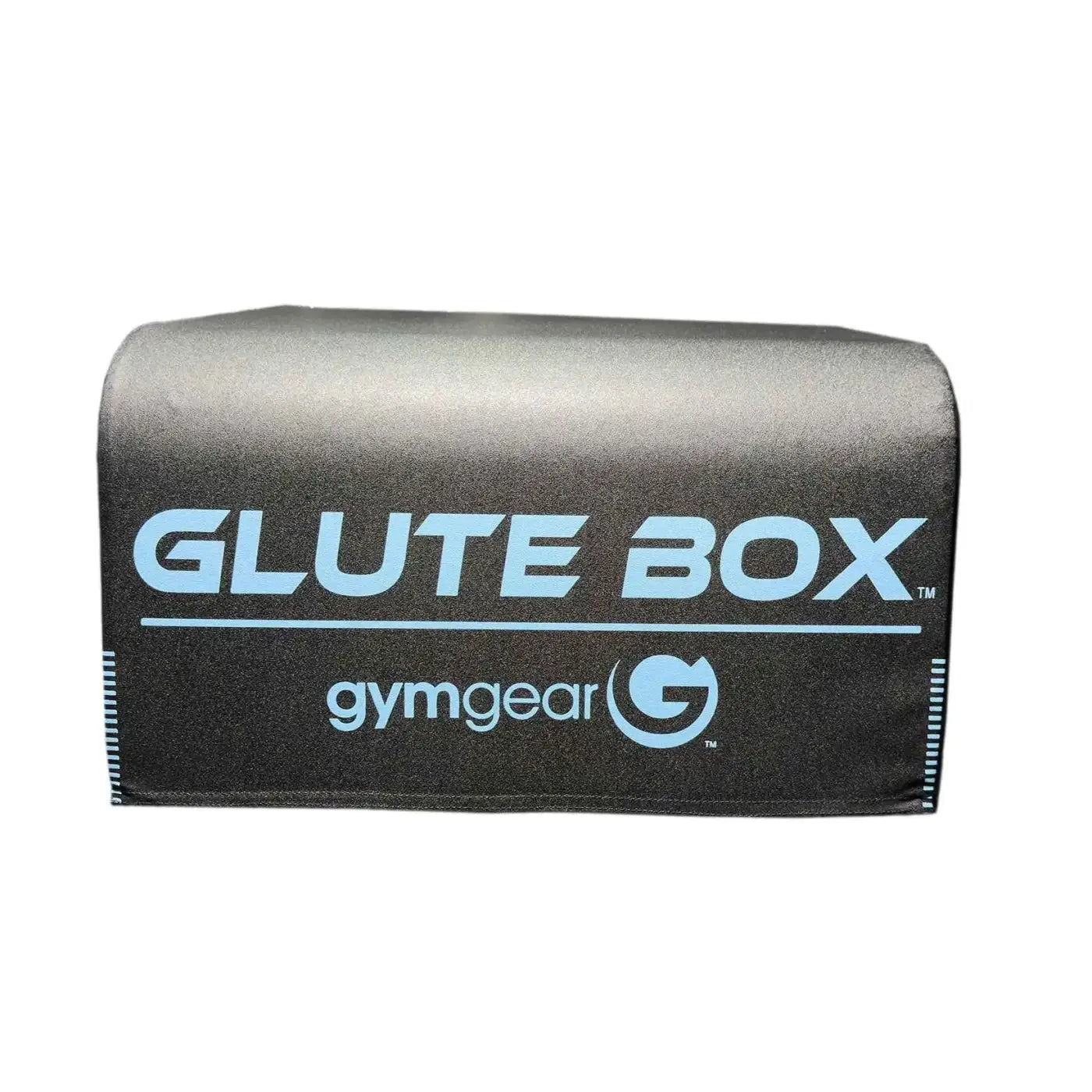 Black fabric-covered angled glute box by gymgear with light blue branding and stitched edges for home workout