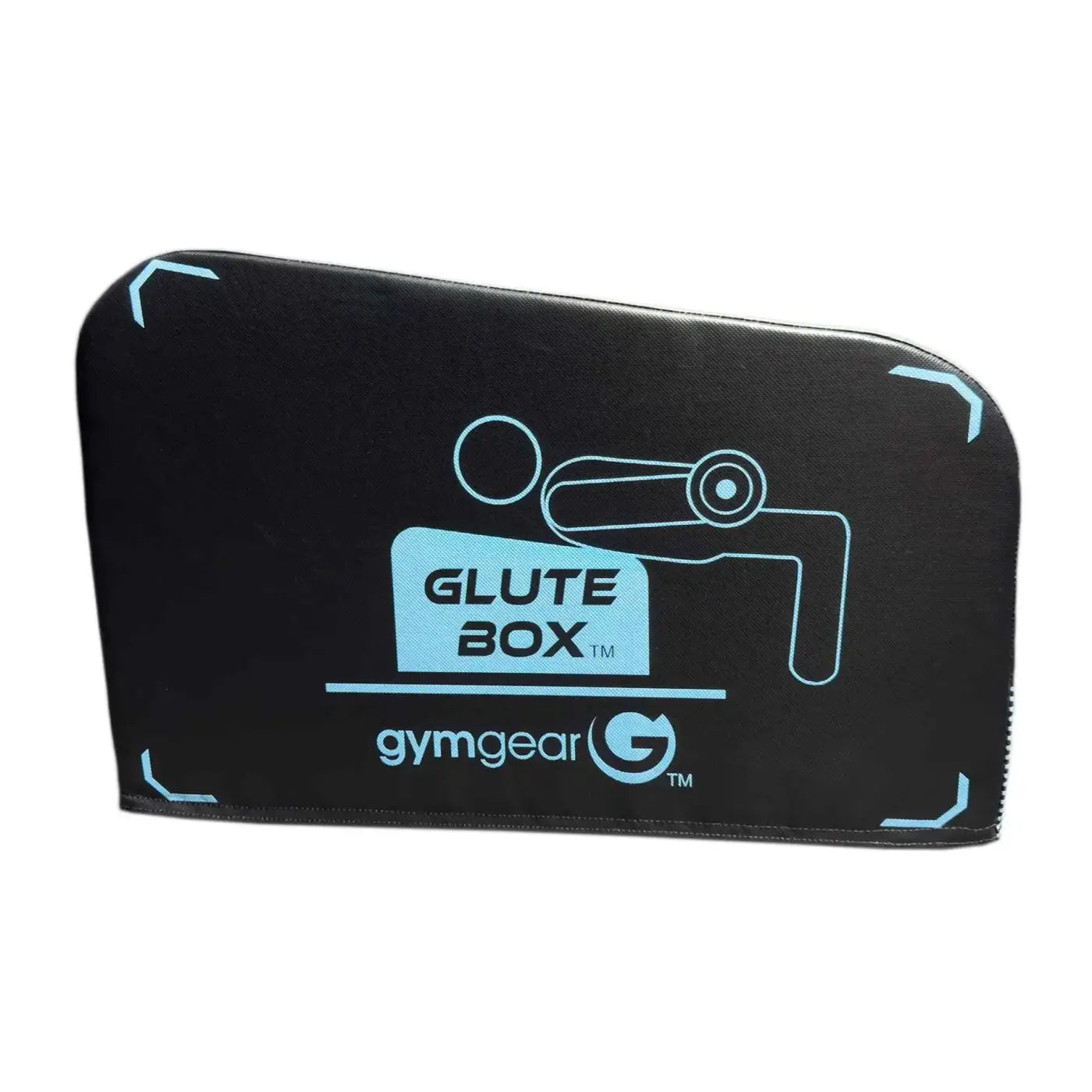 Black gym gear angled glute box with light blue logo and graphic design for home workout use