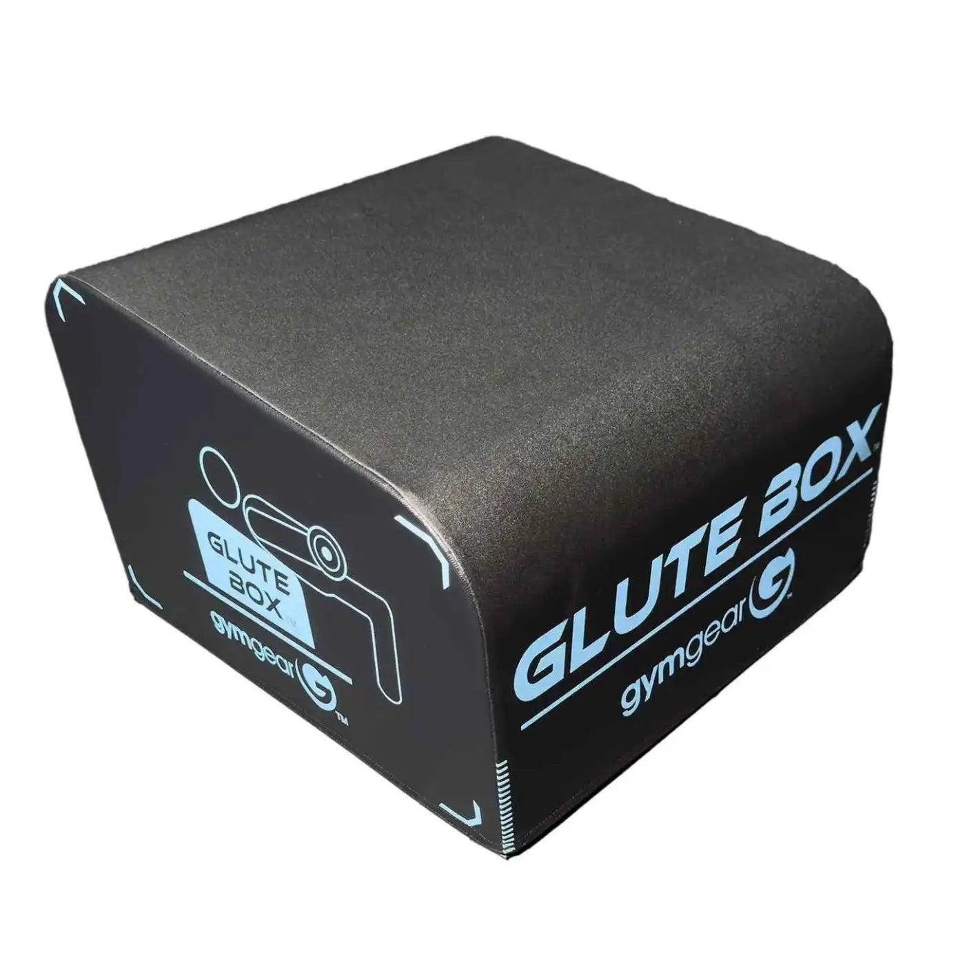 Black gym gear angled glute box with light blue branding and exercise graphic for home workout use