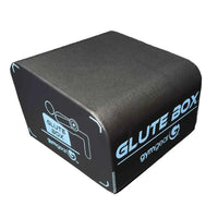 Black gym gear angled glute box with light blue branding and exercise graphic for home workout use