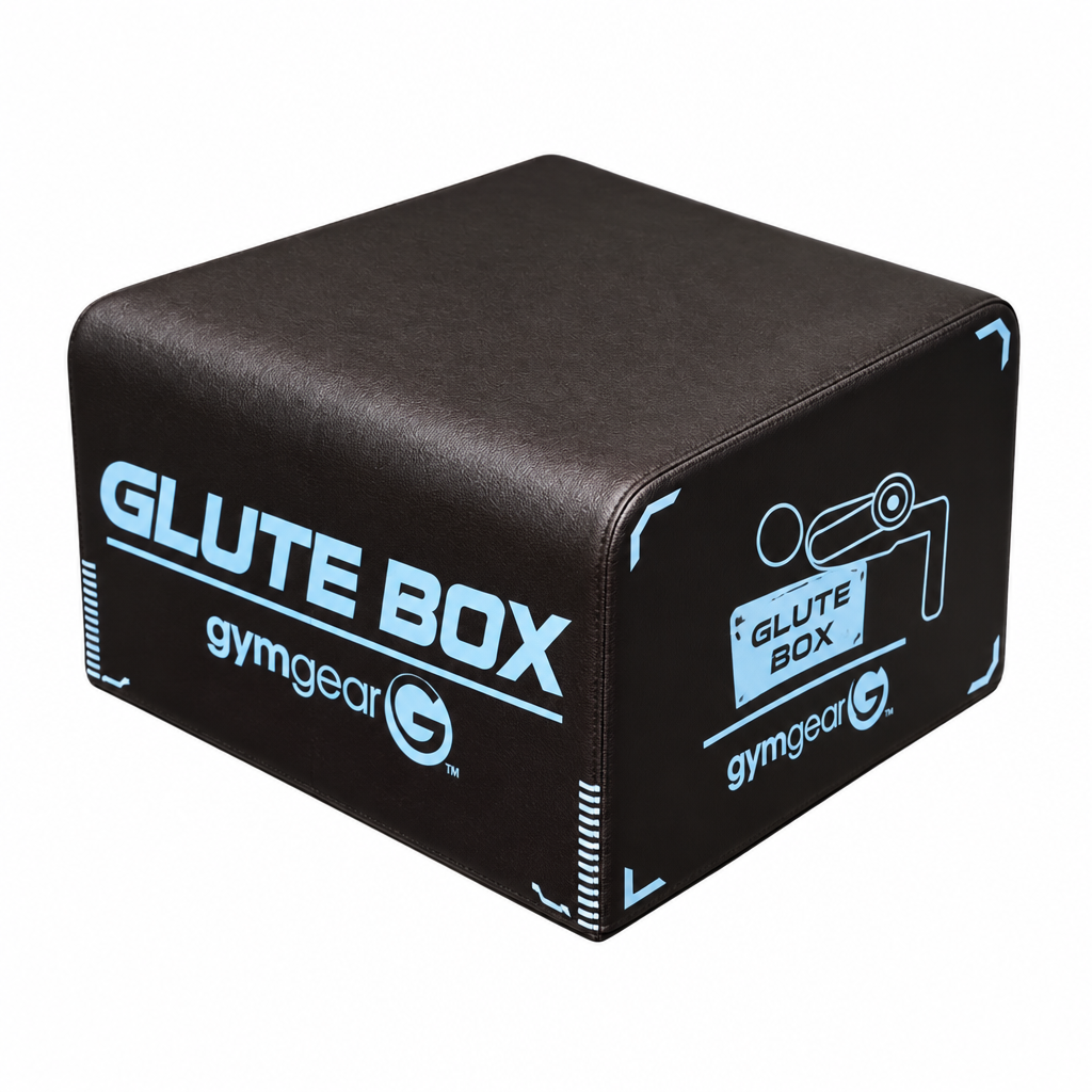 Black rectangular gym equipment box with light blue and white 'GLUTE BOX' and 'gymgear' branding, shown on a plain white background.