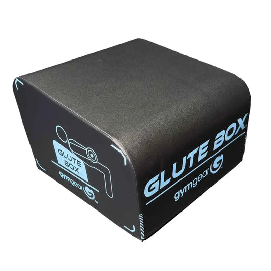 Black gym gear angled glute box with light blue branding and exercise graphic for home workout use