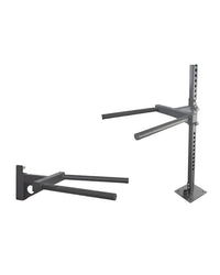 Black metal wall-mounted pull-up bar with adjustable height and sturdy bracket for home gym arm dip attachment