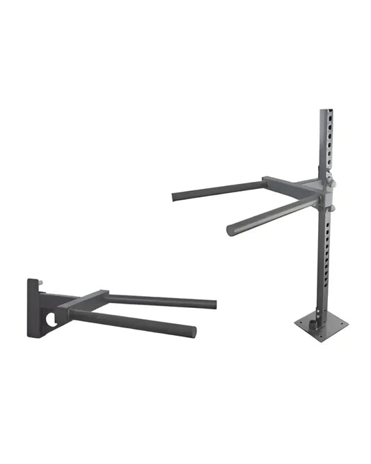 Black metal wall-mounted pull-up bar with adjustable height and sturdy bracket for home gym arm dip attachment