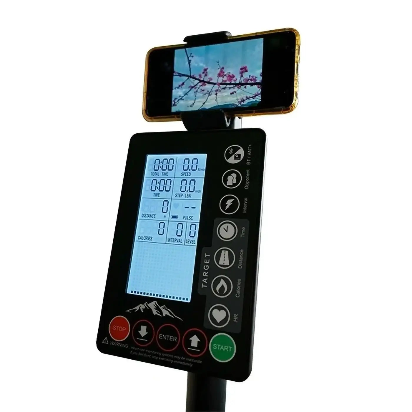 Black digital console of gym gear ascend 2.0 vertical climber with smartphone showing pink blossoms for home cardio