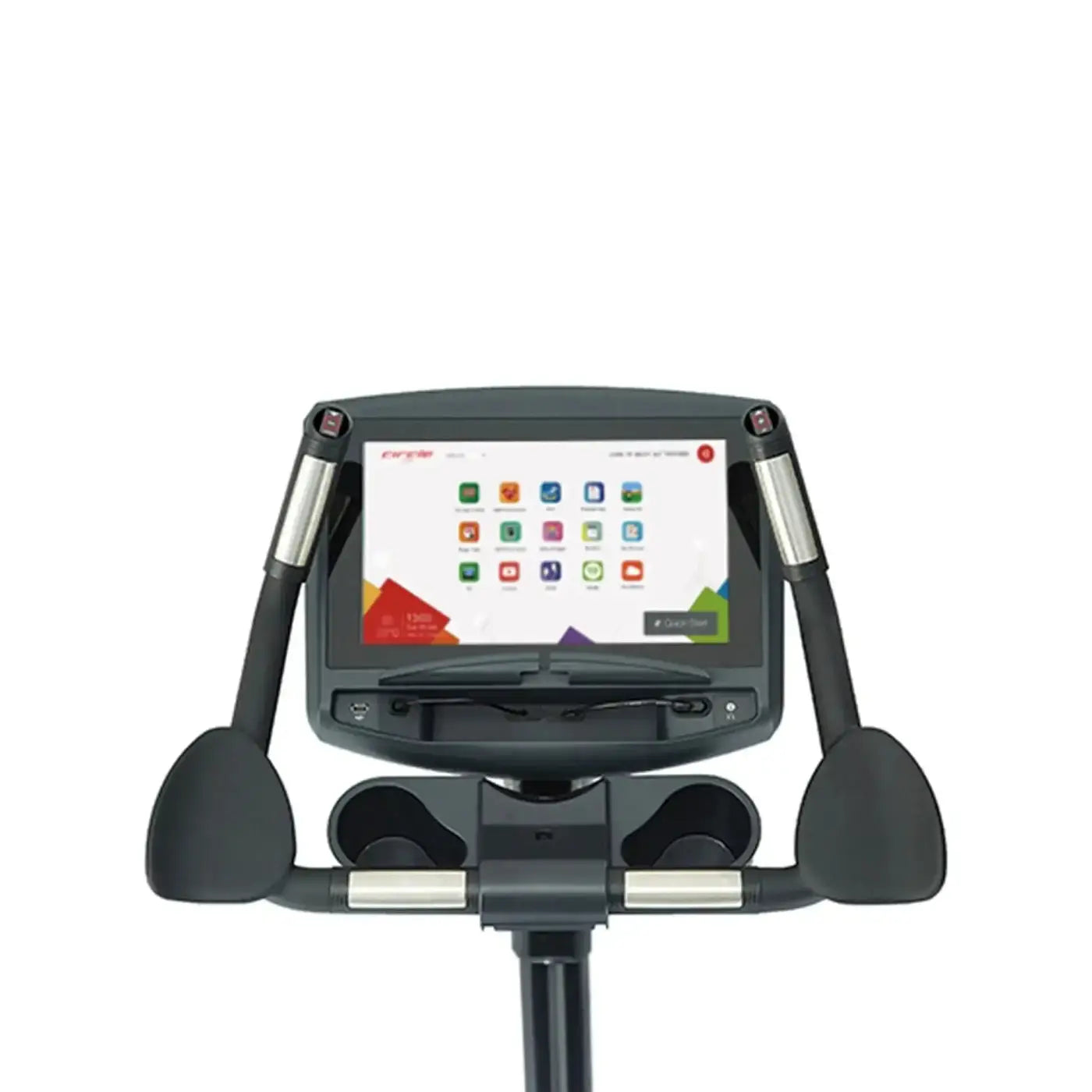 Black and silver gym gear b8e entertainment upright bike with touchscreen display showing colorful app icons